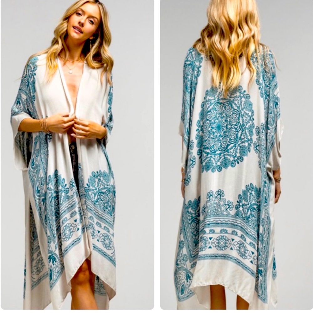 NWT one size boho mandala teal kimono top